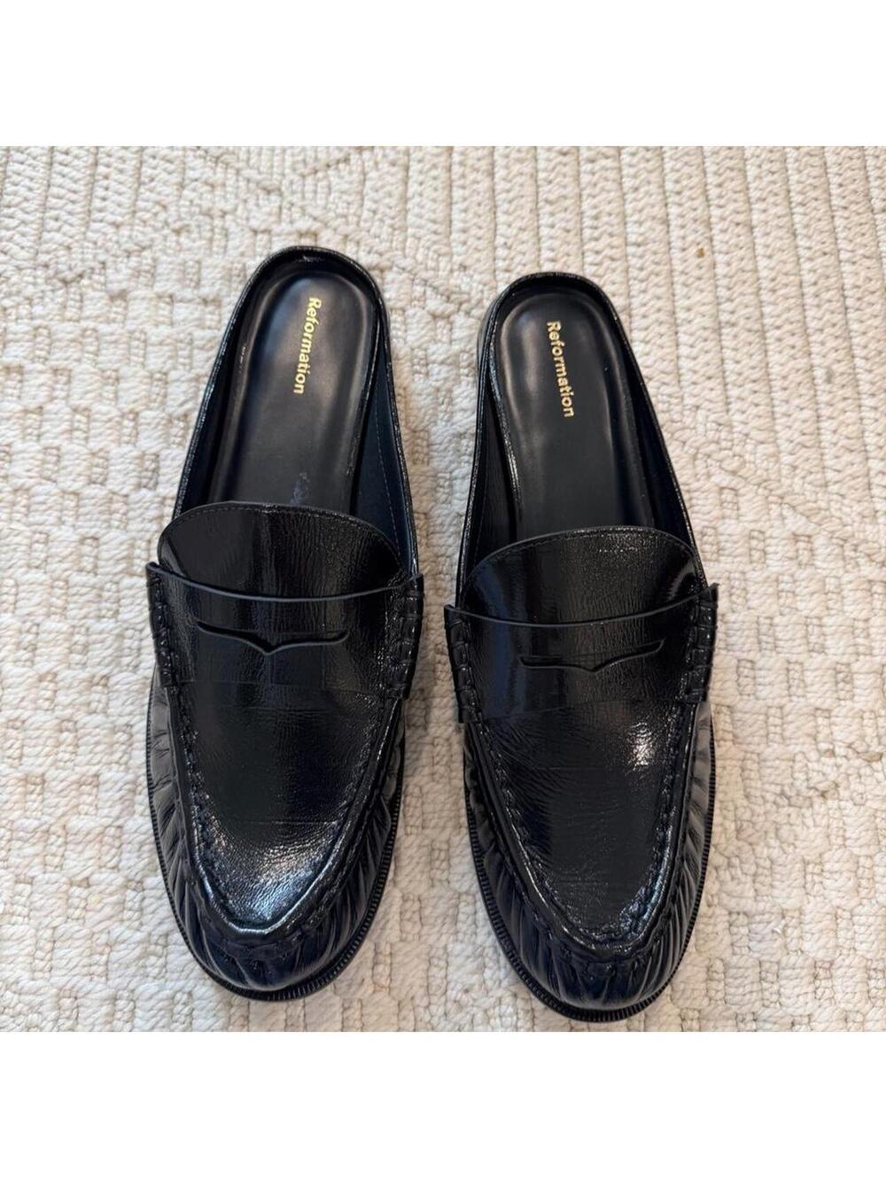Reformation Francine Loafer Mule in Black Crinkle Patent - Picture 4 of 7